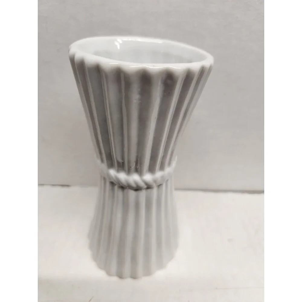 Ceramic Fluted Vase‎ With Pink Rose & Green Leaves Accent